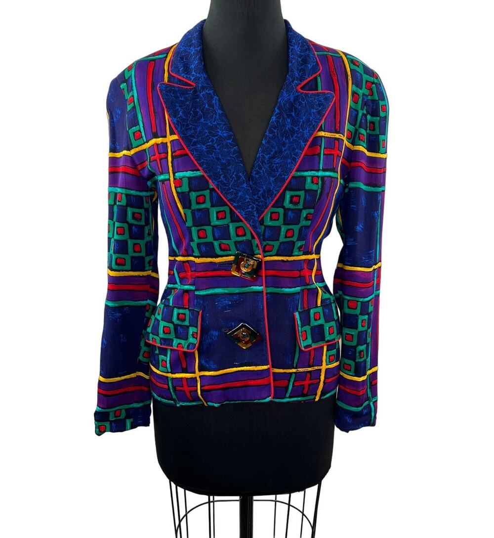 Vintage CACHE Bold Colorful Abstract Printed Blazer Art Retro 80 90s Jacket P XS